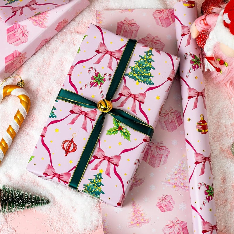 Yarcony Reversible Pink Christmas Wrapping Paper Roll, Girly Bows Wrapping Paper, Pink and Green Coquette Bows Christmas Gift Wrap for Holiday, Girls Birthday, Party (Mini Roll, 17 Inch X 33 Feet) - Image 5